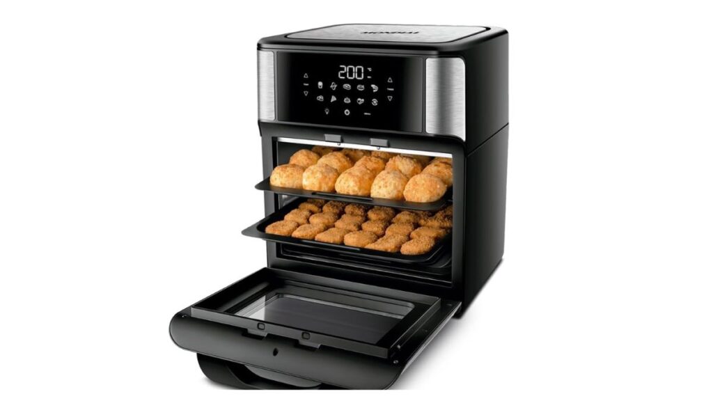 Air Fryer AFON-12L-BI é boa? Vale a pena comprar? Review completo 4 Air Fryer AFON-12L-aberta mostrando a capacidade interna e as bandejas