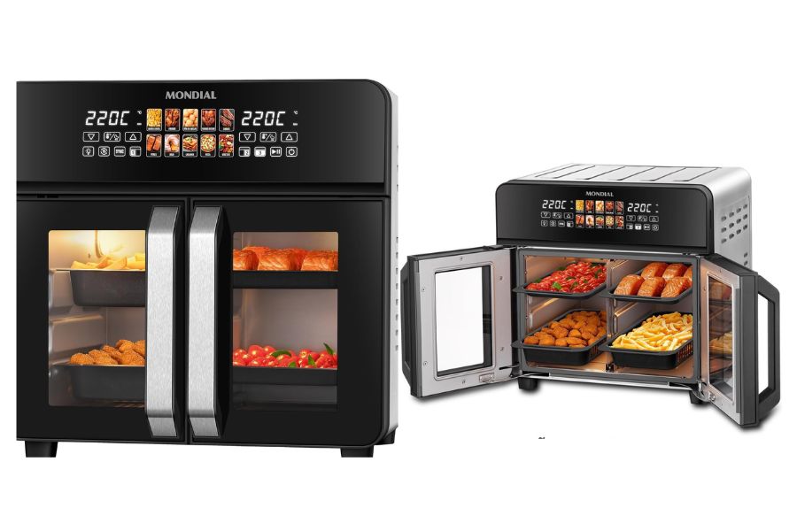 Air Fryer Oven Mondial French Door 25L preta com portas duplas.
